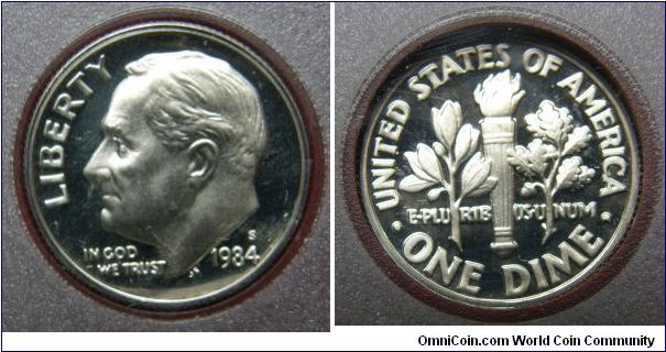 Roosevelt One Dime
1984-S PROOF SET - Prestige.
Mintage: 316,680.
Original Issue Price: $59.00.