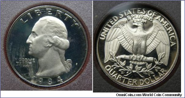 Washington One Quarter.
1984-S PROOF SET - Prestige.
Mintage: 316,680.
Original Issue Price: $59.00.
