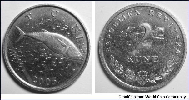 Obverse Design in Latin-Thunnus thynnus, English translation-Tuna

2 Kune (1993+) Tuna, Copper-Nickel, Edge Type: reeded.