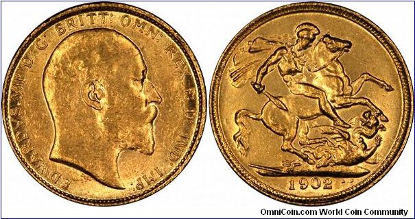 Another fake sovereign, 1902 London Mint. The obverse could pass as genuine, at least from our photograph, but the reverse is easy to spot. The clumsy date lettering is a real give-away. From one of our educational fakes pages.