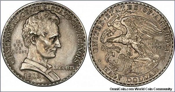 The 1918 Illinois commemorative half dollar was only the third coin in the series to be issued, the first being the 1892/3 Columbian Exposition coin. After this, a commemorative 50 cents became almost an annual issue. Sometime called the Lincoln half dollar, this has the reputation of being one of the most attractive US commemorative issues.