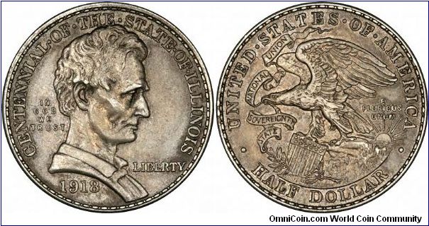 The 1918 Illinois commemorative half dollar was only the third coin in the series to be issued, the first being the 1892/3 Columbian Exposition coin. After this, a commemorative 50 cents became almost an annual issue. Sometime called the Lincoln half dollar, this has the reputation of being one of the most attractive US commemorative issues.