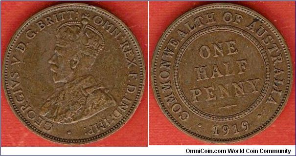 half penny
George V, king of Great Britain, defender of the faith, emperor of India
bronze