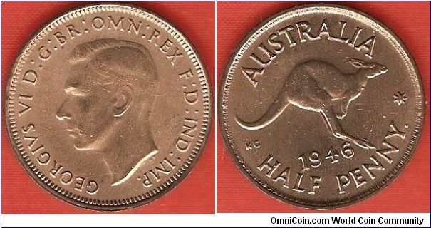 half penny
George VI, king of Great Britain, defender of the faith, emperor of India
kangooroo
bronze