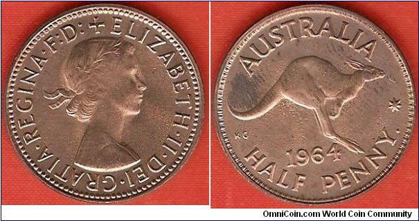 half penny
Elizabeth II, queen by the grace of God, defender of the faith
effigy by Mary Gillick
kangooroo
bronze