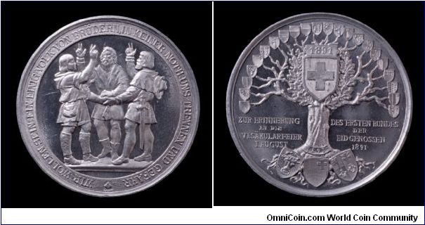 Commemorating the Swiss Confederation. Early aluminum medal.
