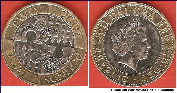 2 pounds
tercentenary of the Act of Union of England and Scotland 1707-2007
The coin shows the English rose nad the Scottish thistle
bust of Elizabeth II by Ian Rank-Broadley
edge legends: UNITED INTO ONE KINGDOM
bimetal coin