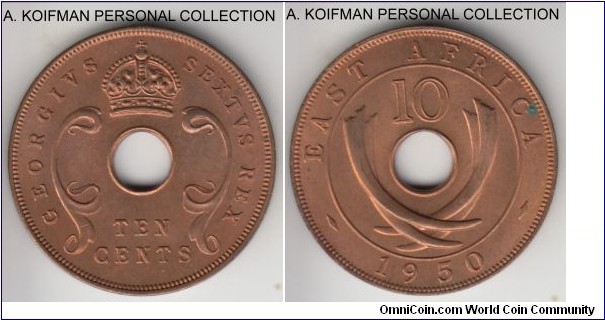 KM-34, 1950 East Africa 10 cents, Royal mint (no mint mark); bronze, plain edge; red uncirculated.