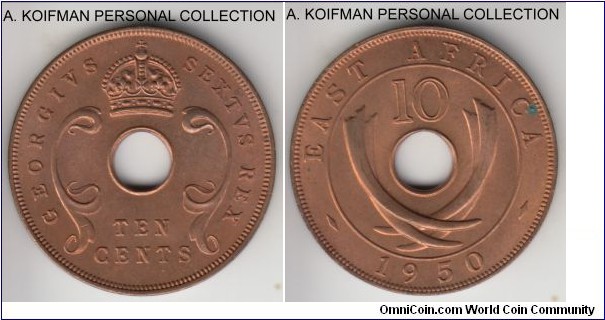 KM-34, 1950 East Africa 10 cents, Royal mint (no mint mark); bronze, plain edge; red uncirculated.