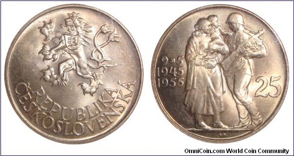 CZECHOSLOVAKIA (PEOPLES REPUBLIC)~25 Korun 1955. 10th Anniversary~Liberation from Germany. Mintage: 200,000