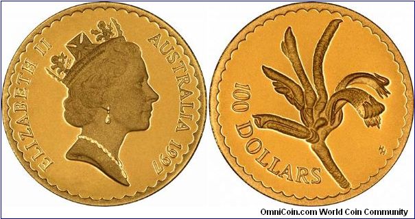 Mangles' kangaroo paw flower on reverse of 1997 Australian $100 gold proof coin. Part of a 9 coin series. There is also a similar set of $150 coins. Weights are half and third ounce respectively.