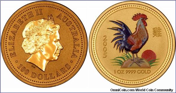 Colour printed version of one ounce gold lunar calendar year of the Cockerel or Rooster bullion coin by Perth Mint. Apparently these gold versions were only made and supplied to one single Asian distributor. We recently managed to source a quantity, in all 5 sizes from 1 ounce shown to 1/20th ounce.