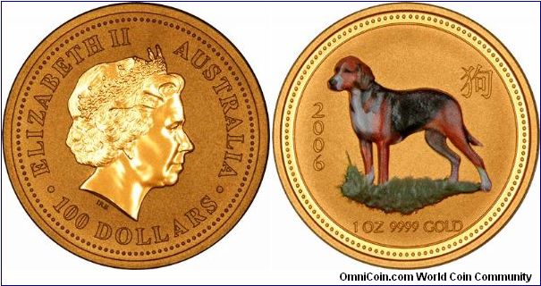Beagle on colour printed version of one ounce gold lunar calendar year of the Dog  bullion coin by Perth Mint. Apparently these gold versions were only made and supplied to one single Asian distributor. We recently managed to source a quantity, in all 5 sizes from 1 ounce shown to 1/20th ounce.