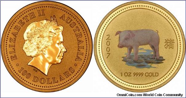 Pig or boar on reverse of 2007 Year of the Pig coloured one ounce gold bullion coin.
Looks like Babe! Apparently these gold versions were only made and supplied to one single Asian distributor. We recently managed to source a quantity, in all 5 sizes from 1 ounce shown to 1/20th ounce.