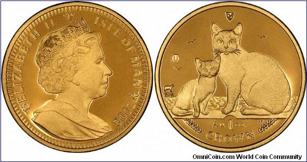 The 2008 gold crowns from the Isle of Man feature a Burmilla cat and her kitten as their reverse design. It was only in 1983 that the Burmilla Cat was recognised as an independent breed and was actually only bred through a chance mating between a Burmese and a Chinchilla in 1981.