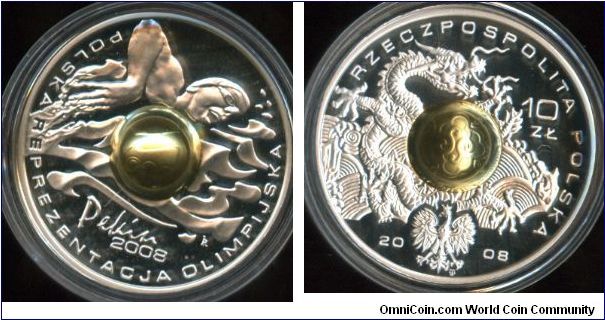 10Zl
XXIXth Olimpic Games - Beijing
Designer, Robert Kotowicz
Swimmer above a golden sphear with the  Polish Olympic committee's Logo bottom right
In the center a golden sphere with a stylised image of the dragon from the Nine Dragons
Wall. A semicircular inscription above, RZECZPOSPOLITA POLSKA. Polish Eagle, value, date