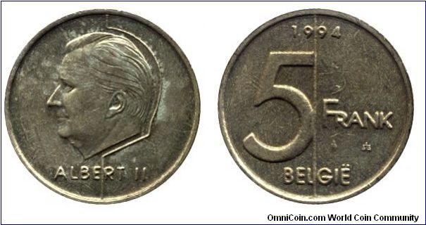 Belgium, 5 francs, 1994, King Albert II, Belgie.                                                                                                                                                                                                                                                                                                                                                                                                                                                                    