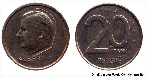 Belgium, 20 francs, 1994, King Albert II, Belgie.                                                                                                                                                                                                                                                                                                                                                                                                                                                                   