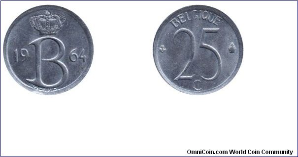 Belgium, 25 centimes, 1964, Cu-Ni, Belgique.                                                                                                                                                                                                                                                                                                                                                                                                                                                                        