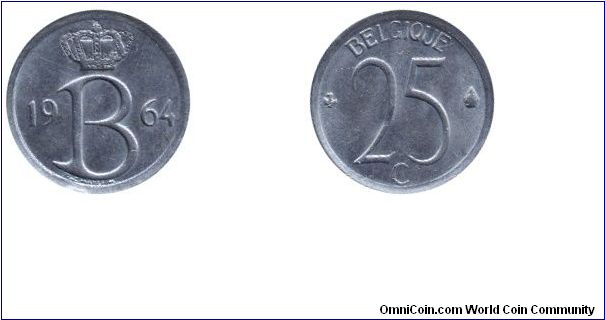 Belgium, 25 centimes, 1964, Cu-Ni, Belgique.                                                                                                                                                                                                                                                                                                                                                                                                                                                                        