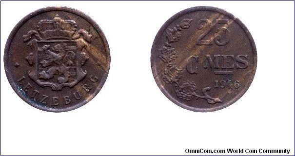Luxembourg, 25 centimes, 1946, Bronze, Letzeburg.                                                                                                                                                                                                                                                                                                                                                                                                                                                                   