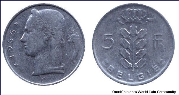 Belgium, 5 francs, 1965, Cu-Ni, Belgie.                                                                                                                                                                                                                                                                                                                                                                                                                                                                             