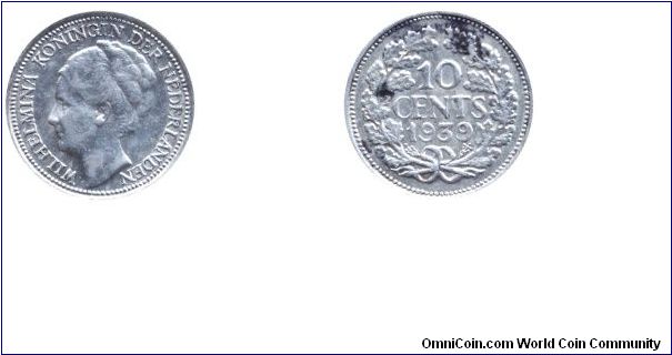 Netherlands, 10 cents, 1939, Ag, 15mm, 1.4g, Queen Wilhelmina.                                                                                                                                                                                                                                                                                                                                                                                                                                                      