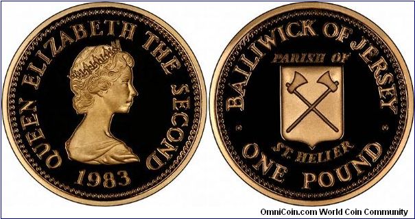 First of a series of 12 gold proof pound coins, issued from 1983 to 1989, featuring the twelve parishes of Jersey. Issue limit was 250 pieces of each, for some dates, the actual mintage was as low as 108 pieces.
