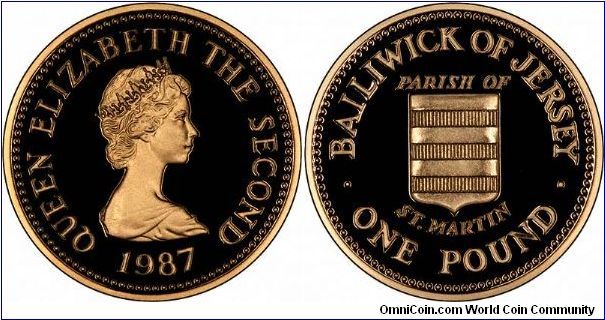 The parish of St Martin is featured on this gold proof pound coin, one of a series of 12 issued from 1983 to 1989.