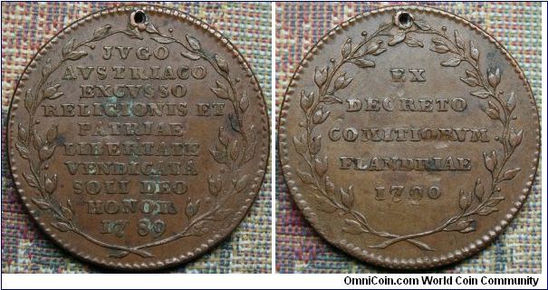 Flanders Token for their Declaration of Independence from Austria  4th January 1790.  JVGO AVSTRIACO EXCVSSO RELIGIONIS ET PATRIAE LIBERTATE VENDICATA SOLI DEO HONOR 1789, Rev. EX DECRETO COMITIORVM FLANDRIAE 1790.  Bronze 33mm by Theodore Van Berckel, engraver at the Brussels Mint.