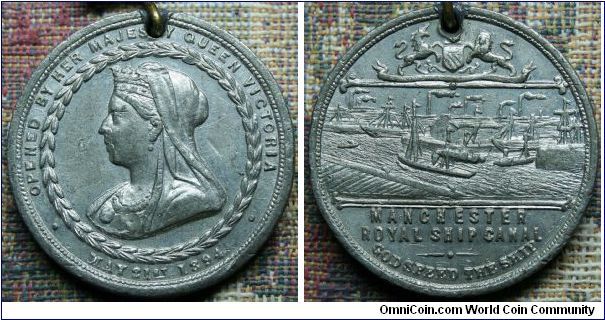 Opening of the Royal Ship Canal Manchester.  Obv. OPENED BY HER MAJESTY QUEEN VICTORIA May 21st 1894.  Rev. MANCHESTER ROYAL SHIP CANAL.  GOD SPEED THE SHIP.  WM.  31mm with original crowned holder.  Unlisted in BHM.