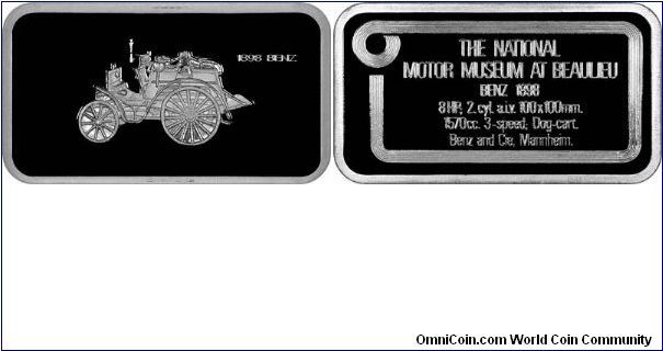 1898 Benz on silver ingot, one of 36 ingot shaped silver medallions, issued by John Pinches in about 1976, in conjunction with the Lord Montagu's National Motor Museum at Beaulieu.
Each bar is 52 x 29 millimetres, weighs about 67 grams of sterling silver, and contains about 2 ounces of pure silver. Technical details about the car are shown on the reverse.