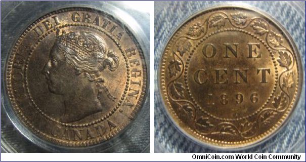 Canada large cent, Queen Victoria.  PCGS MS64RB, with die break and slightly cracked planchet at 5'oclock on the obverse.