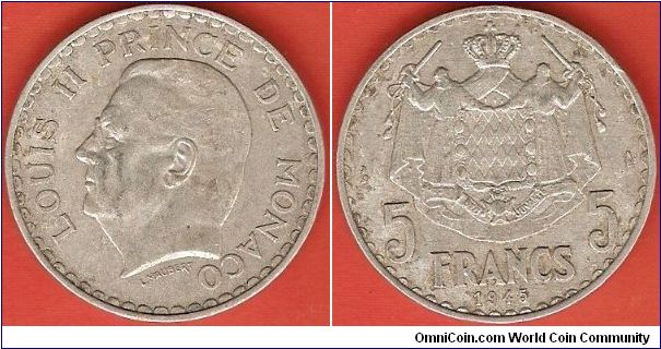 5 francs
Louis II, prince of Monaco
aluminum