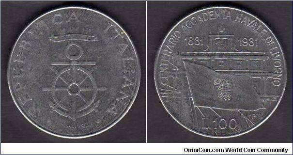 100 Lire  __  km# 108 __ Commemorative:
Centenary Naval Academy of Livorno  __
(1981-1981)