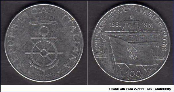 100 Lire  __  km# 108 __ Commemorative:
Centenary Naval Academy of Livorno  __
(1981-1981)