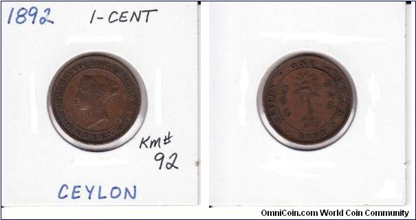 Ceylon 1 Cent KM# 92