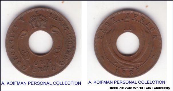 KM-22, 1927 East Africa cent; probably a good very fine to extra fine specimen.