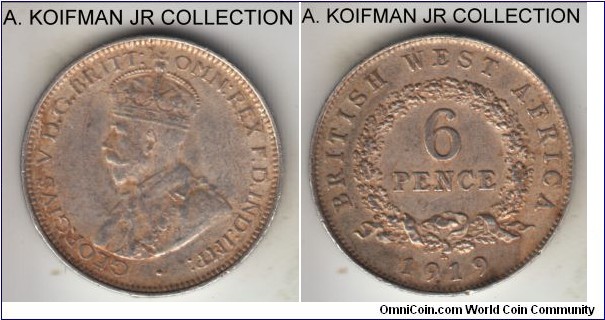 KM-11, 1919 British West Africa 6 pence, Heaton mint (H mintmark); silver, reeded edge; George V, last and most common year of the type, good very fine or better.
