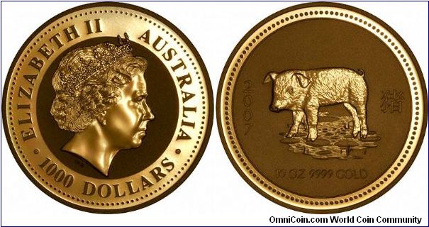 A small coin for a change! 10 ounce gold 'Year of the Pig' bullion coin by Perth Mint. We also have a one kilo version, but our two photographers can't keep up with the volume of different coin designs.