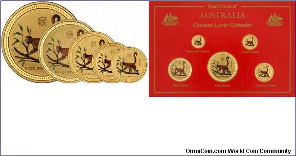 Set of 5 colour printed gold bullion lunar 'Year of the Monkey' coins. We have already uploaded images of the obverse and reverse of the 1 ounce version.