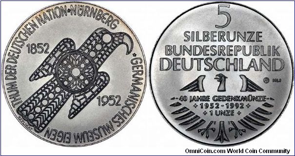 Replica of 1952 German 5 Marks on 1992 one ounce silver medallion.