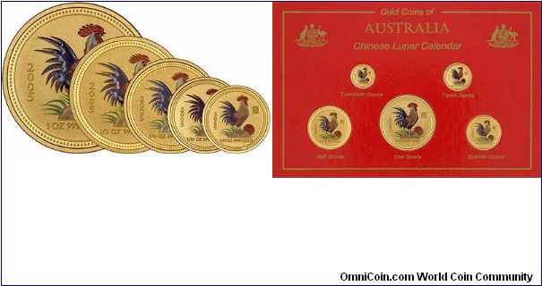 Set of 5 colour printed gold bullion lunar 'Year of the Rooster' coins. We have already uploaded images of the obverse and reverse of the 1 ounce version.