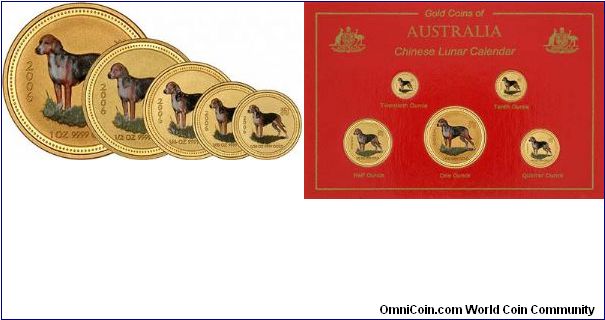 Set of 5 colour printed gold bullion lunar 'Year of the Dog' coins. We have already uploaded images of the obverse and reverse of the 1 ounce version. The breed on the gold coins is a beagle.
