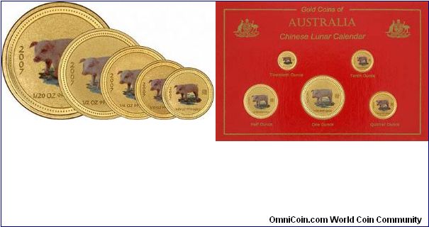 Set of 5 colour printed gold bullion lunar 'Year of the Pig or Boar' coins. We have already uploaded images of the obverse and reverse of the 1 ounce version. The pig shown looks very cute like 'Babe' in the film.