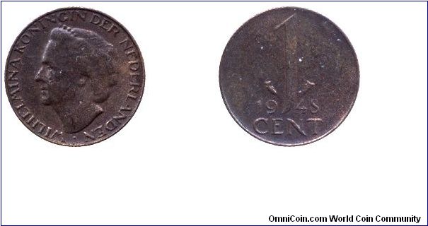 Netherlands, 1 cent, 1948, Bronze, Queen Wilhelmina.                                                                                                                                                                                                                                                                                                                                                                                                                                                                