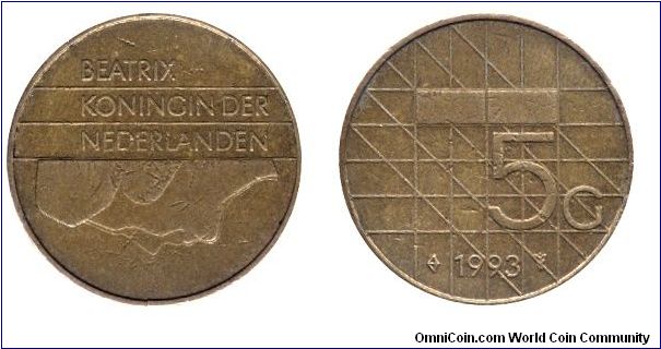 Netherlands, 5 guldens, 1993, Bronze-Ni, Queen Beatrix.                                                                                                                                                                                                                                                                                                                                                                                                                                                             
