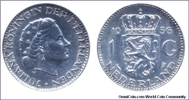 Netherlands, 1 gulden, 1956, Ag, Queen Juliana.                                                                                                                                                                                                                                                                                                                                                                                                                                                                     