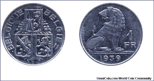 Belgium, 1 franc, 1939, Ni, Lion.                                                                                                                                                                                                                                                                                                                                                                                                                                                                                   