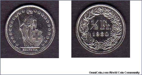 1/2 Franc

km# 23 a.1
==================
Coin Alignment

1968-1981 
==================
32